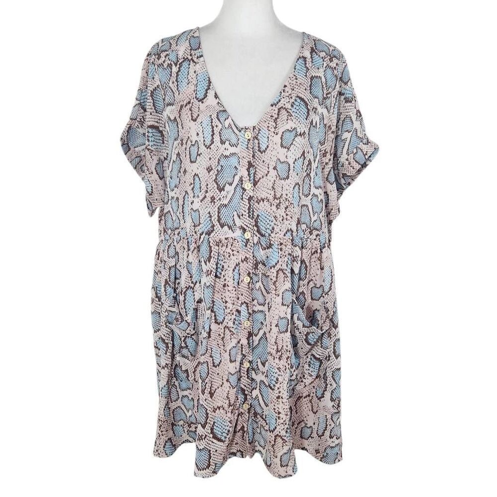 Altar'd State Oversized Pink and Blue Snakeskin Print Mini Shirt Dress Sz Large